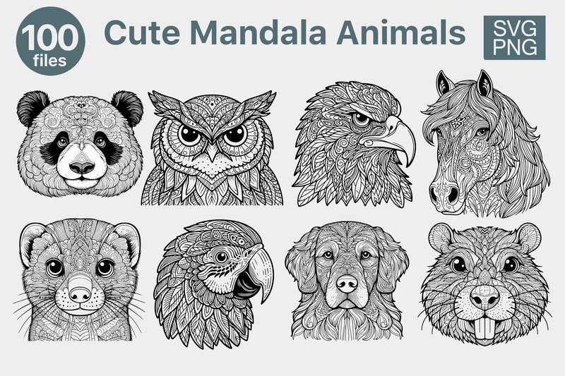 100 Cute Zentangle Mandala Animals SVG (by Skalling Dygital)