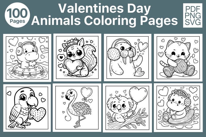 100 Valentines Day Animal Coloring Pages (by Skalling Dygital)