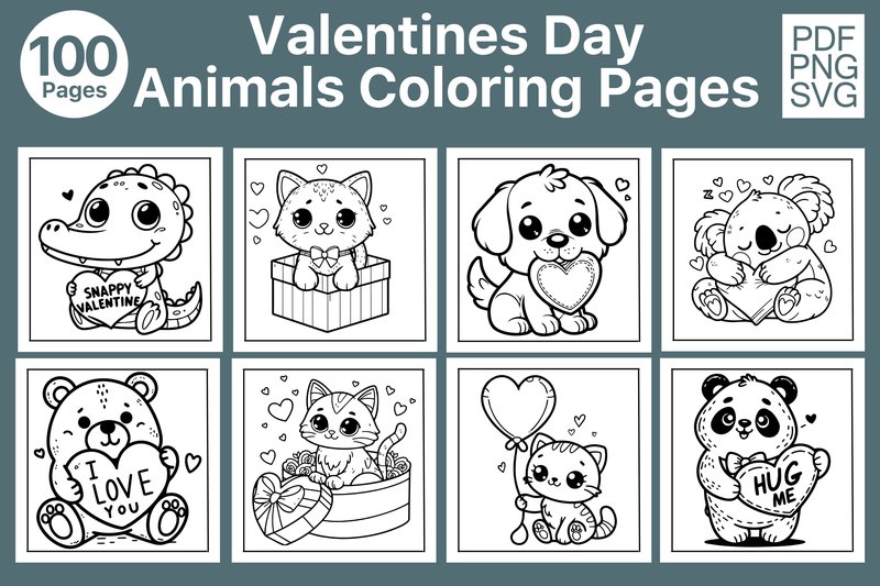 100 Valentines Day Animal Coloring Pages (by Skalling Dygital)