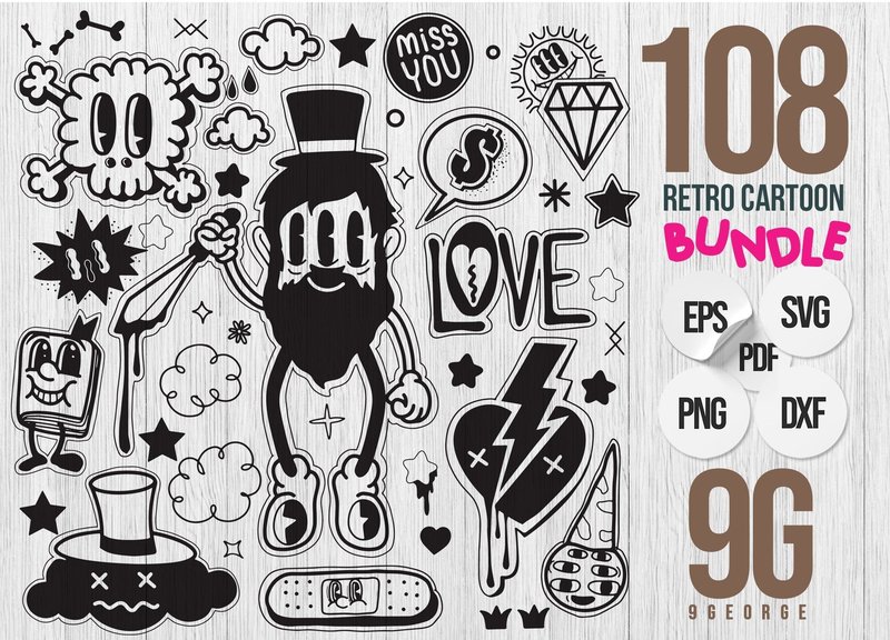 108 Retro Cartoon  Bundle, Hand Drawn, S (by j2lohloh)