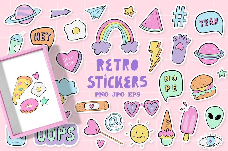 35 Retro Stickers Doodles - EPS PNG JPG (by Natalie Art Saban)