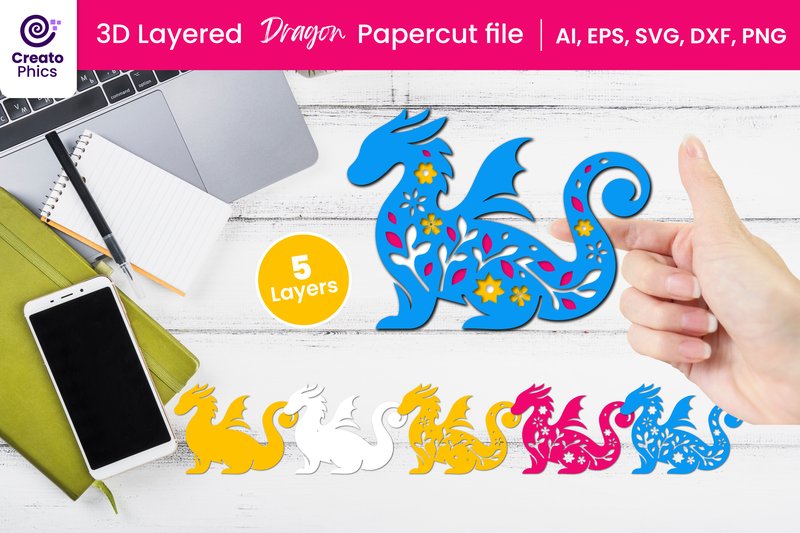 3D Layered Dragon Papercut Animal SVG (by Creatophics)