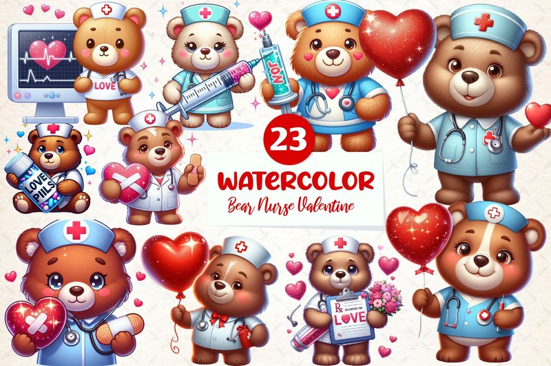 Bear Nurse Valentine Sublimation Clipart (by Dreamshop)