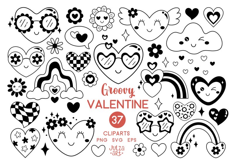 Black Retro Groovy Valentine Clipart (by JulzaArt)