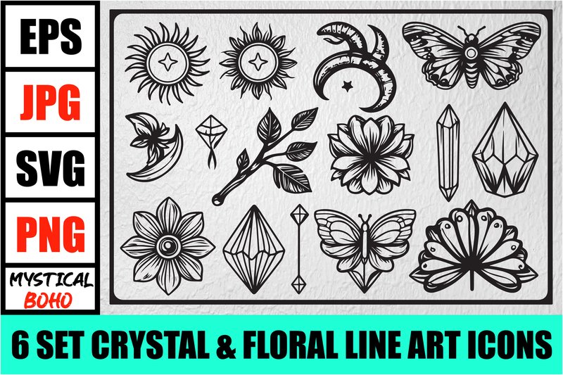 Boho Crystal & Floral Line Icons Set (by Creativelab19)