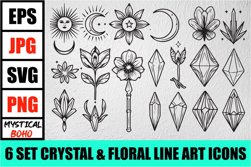 Boho Crystal & Floral Line Icons Set (by Creativelab19)