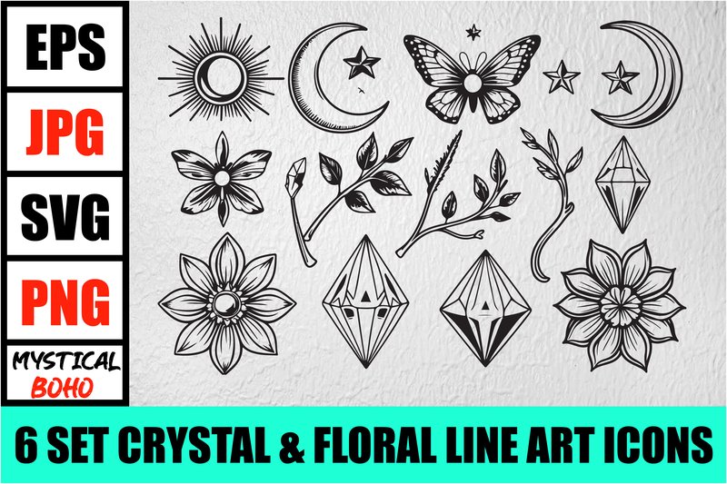 Boho Crystal & Floral Line Icons Set (by Creativelab19)