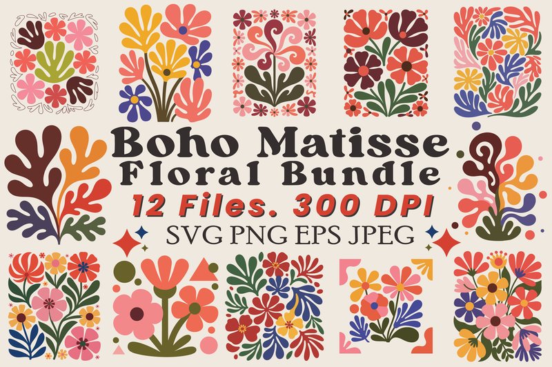 Boho Matisse Floral SVG PNG Bundle (by RakibS)