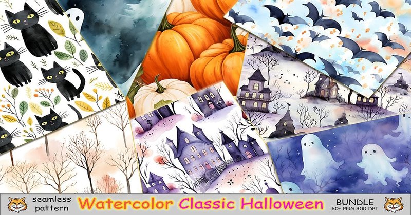 Classic Halloween Icons Seamless Pattern Bundle (by Meow.Backgrounds)