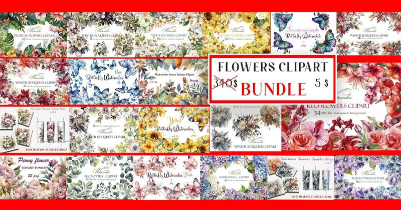 Cute Flowers Watercolor Clipart Bundle (by ElenaZlataArt)