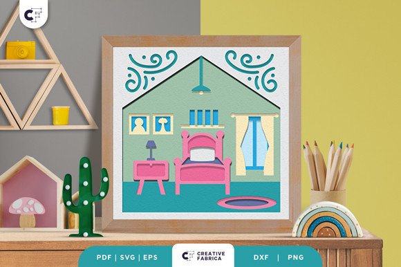 Doll House Bedroom 3D Shadow Box SVG (by 3D SVG Crafts)