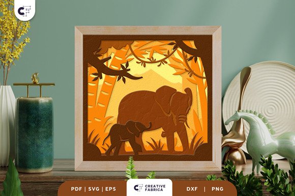 Elephant Mom and Baby 3D Shadow Box (by 3D SVG Crafts)