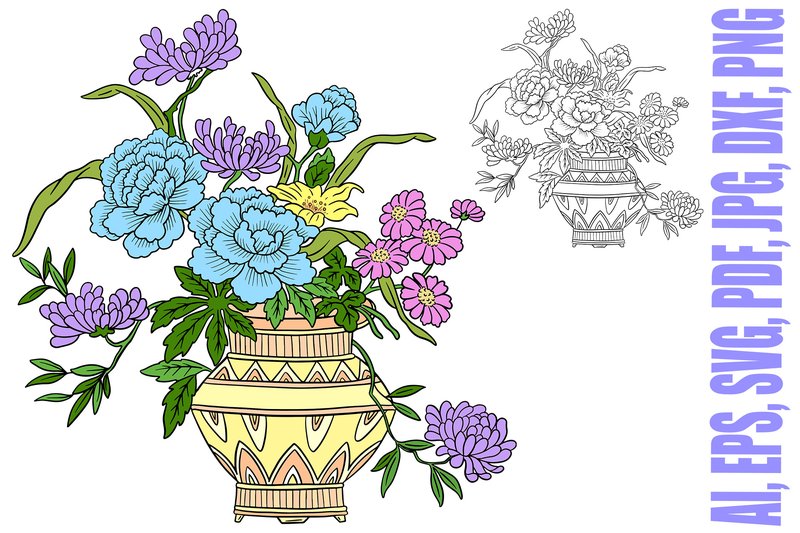 Floral Line Art Tattoo Roses Vase Illust (by squeebcreative)