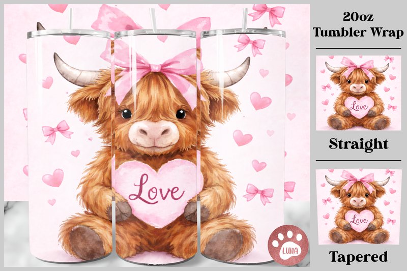 Highland Cow Valentine Tumbler Wrap (by Luna Art Design)