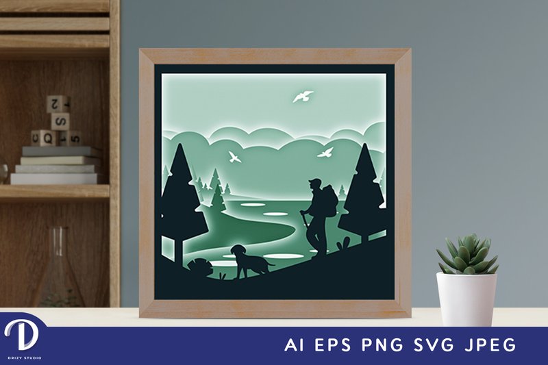 Hiker on Lakeside 3D Paper Cut (by Drizy Studio)