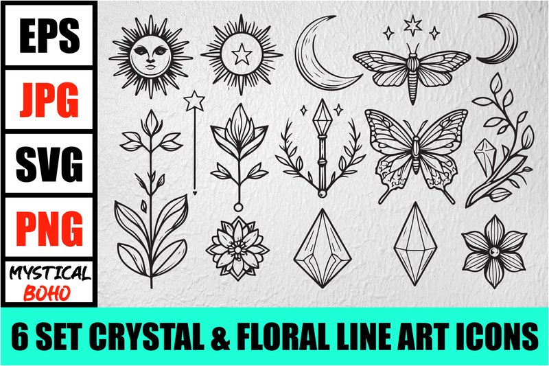 Mystical Boho Crystal Line Art Set (by gfxrokey)