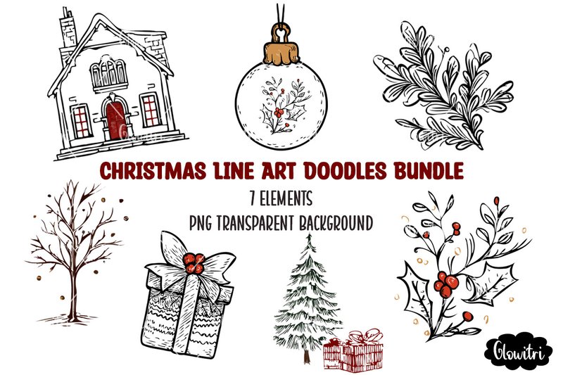 Retro Christmas Line Art Doodles Bundle (by Glowitri)