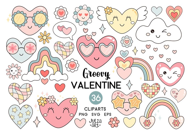 Retro Groovy Valentine Clipart (by JulzaArt)