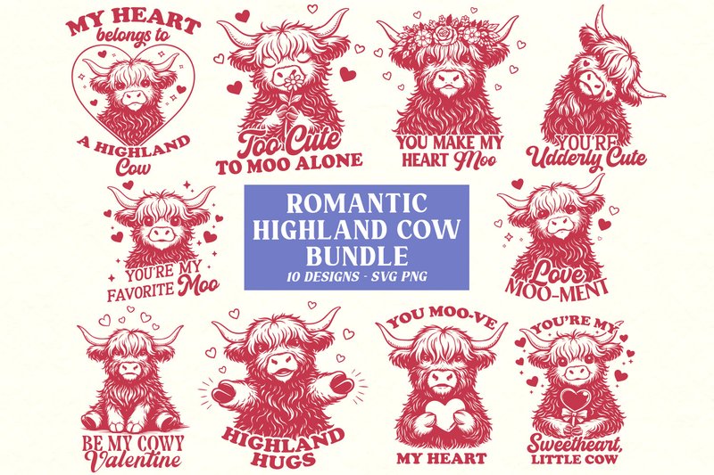 Romantic Highland Cow SVG PNG Bundle (by juiceboxy)