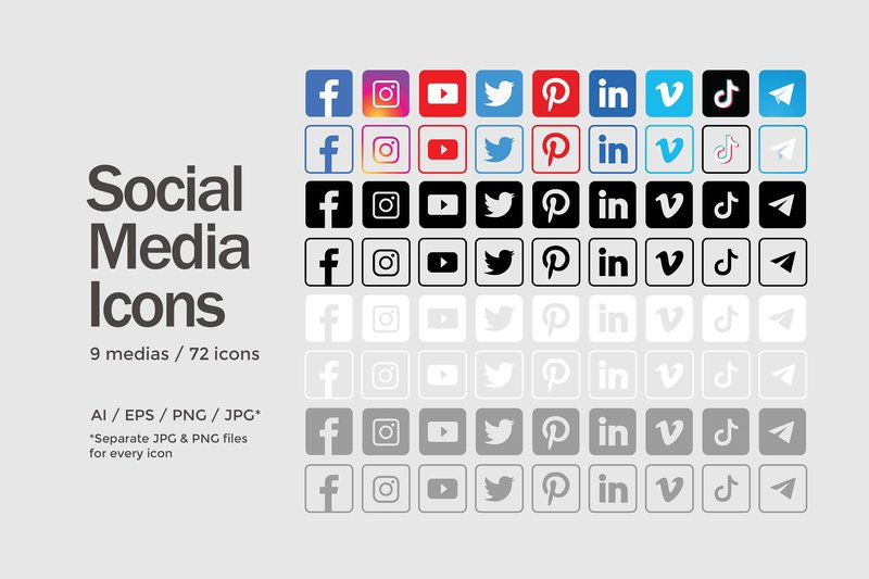 Square Social Media Icons Set - 72 Icons (by trumockup)