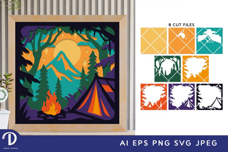 Summer Camp 3D Shadow Box Campfire SVG (by Drizy Studio)