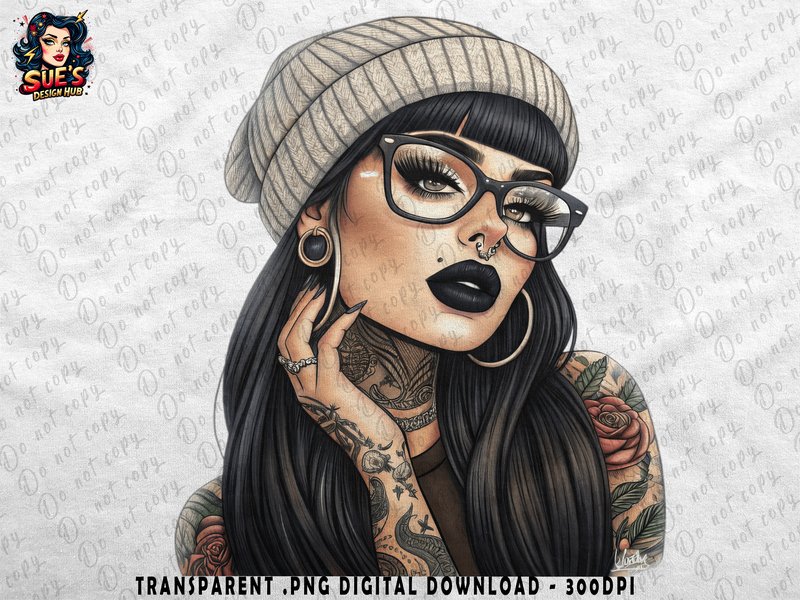 Tattooed Woman in Beanie with Glasses (by Sue Opperman Designs)
