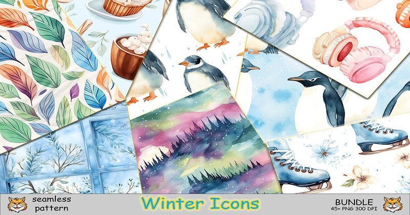Winter Icons Seamless Pattern Bundle (by Meow.Backgrounds)