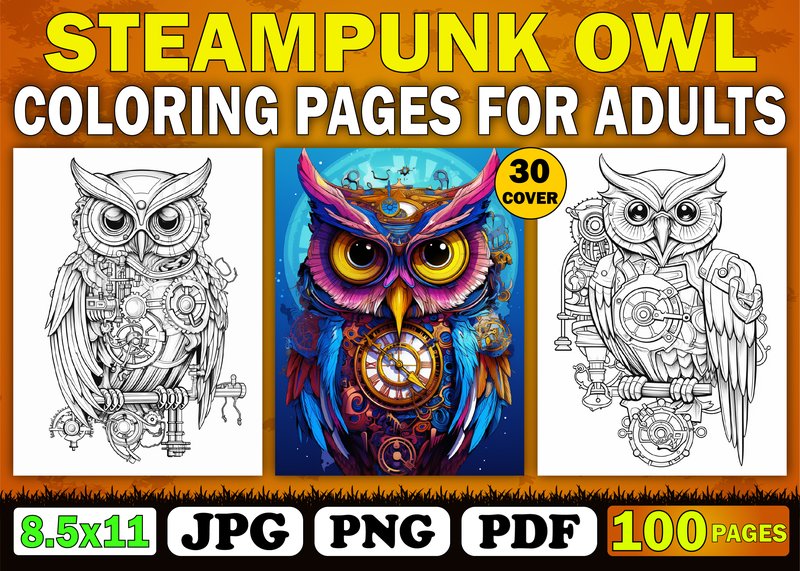 100 Steampunk Owl Coloring Pages Adults (by Creative Design)