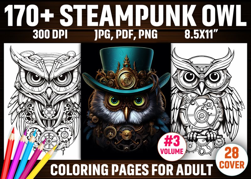 170+ Steampunk Owl Coloring Pages - Kdp (by E A G L E)
