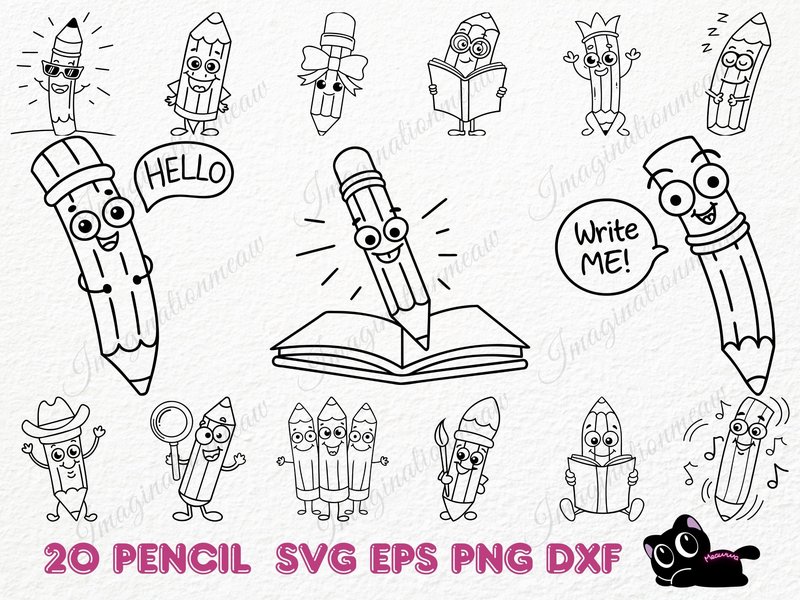 20 Cute Cartoon Pencil SVG Designs (by MeawwaDigitalArts)