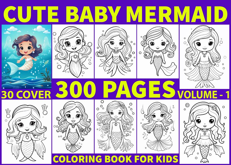 300 Cute Baby Mermaid Coloring Pages KDP (by VIRTUAL ARTIST)