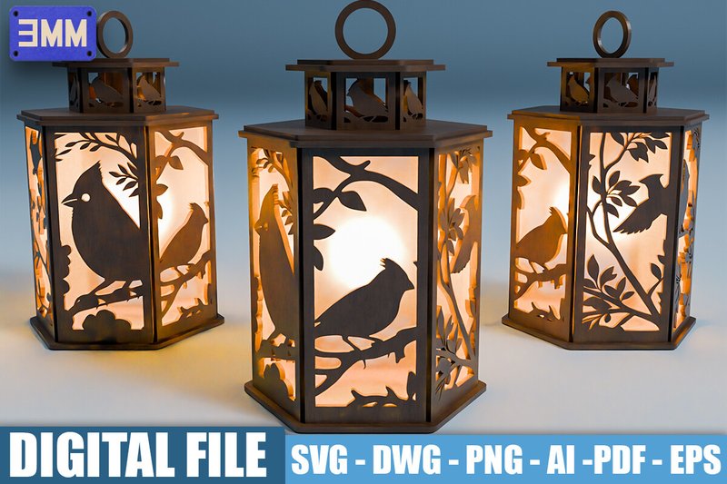 3D Cardinal Bird Lantern Laser Cut Files (by CutNestStudio)