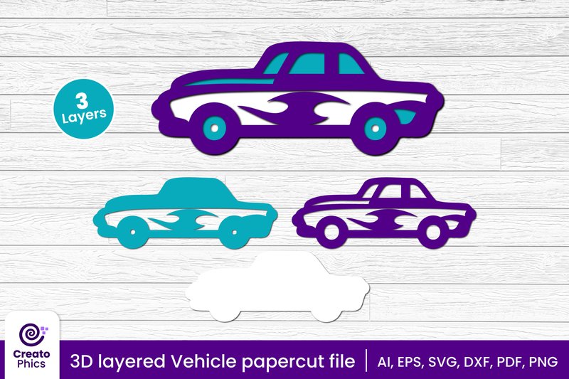 3D Layered Car Papercut, Vehicle SVG (by Creatophics)