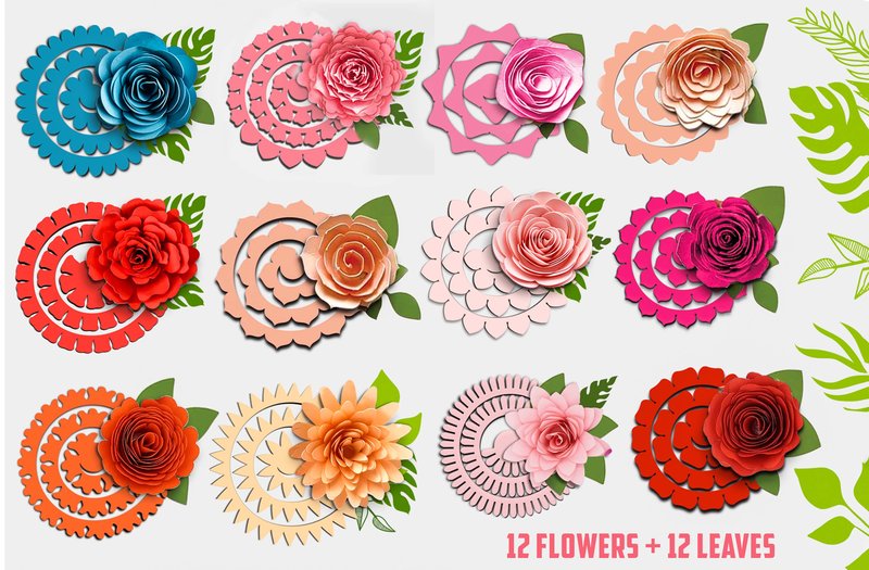 3D Rolled Paper Flower & Leaf SVG Bundle (by Design Crown)