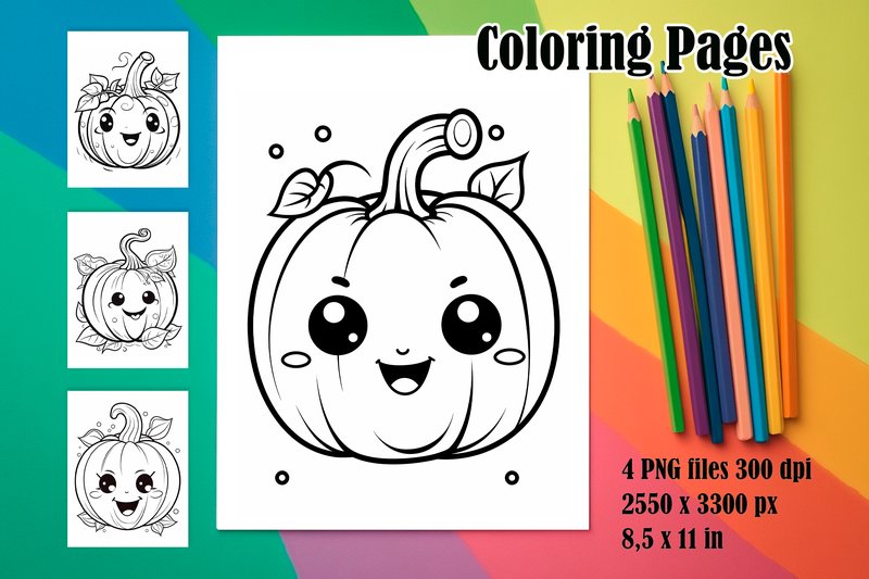 4 Cute Kawaii Pumpkin Coloring Pages (by MiniBee)