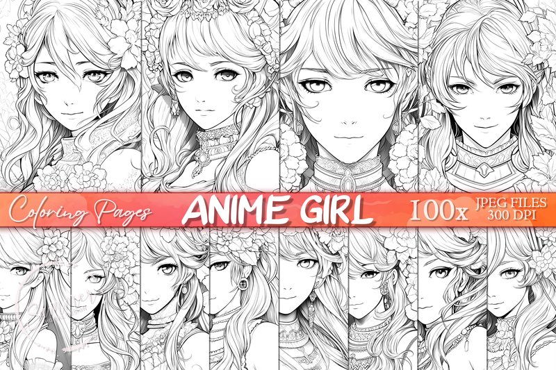 Anime Girls Coloring Pages for Adults (by Summer Digital Design)