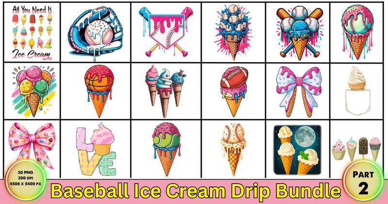 Baseball Ice Cream Drip PNG Bundle (by PixelCraft25)