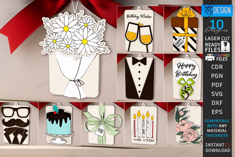 Birthday Gift Cards Laser Cut Bundle|CNC (by flydesignsvg)