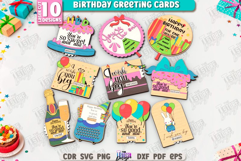 Birthday Greeting Cards Laser Cut Bundle (by The T Store Design)