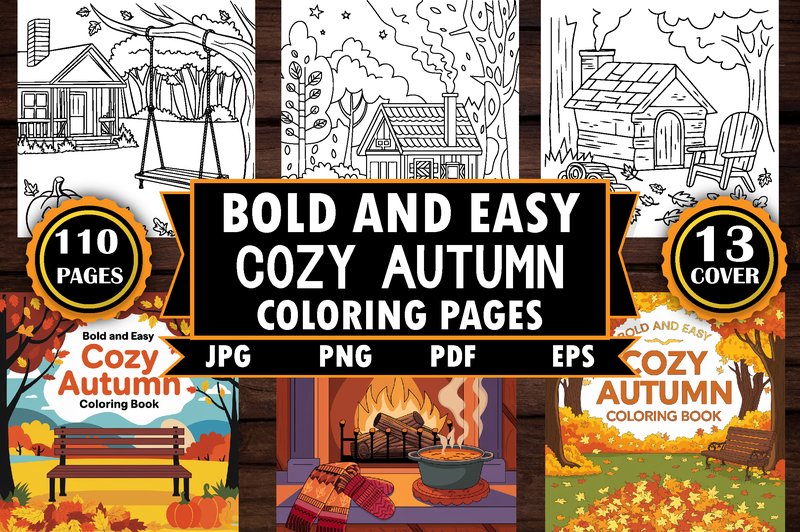 Bold and Easy Cozy Autumn Coloring Pages (by PixelQuill)