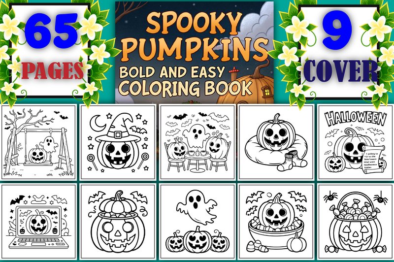 Bold Spooky Pumpkin Coloring Pages (by M.M GRAPHICS DESICN)