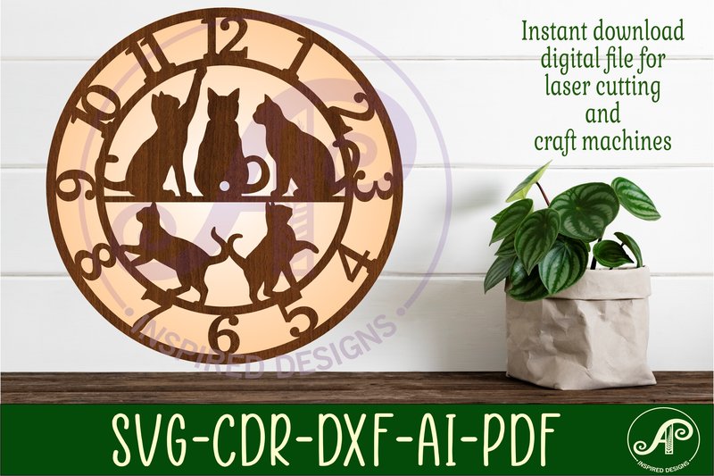 Cats Wall Clock Laser Cut Files, SVG (by apinspireddesigns)