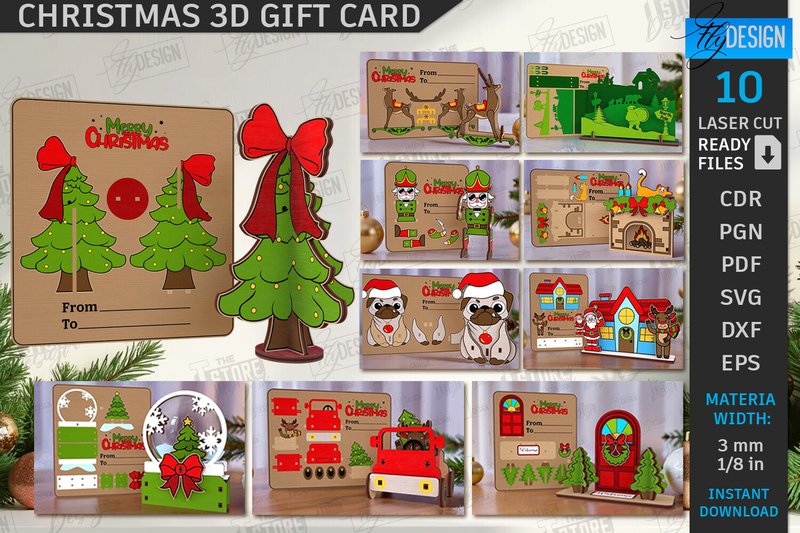 Christmas 3D Gift Cards Laser Cut Bundle (by flydesignsvg)