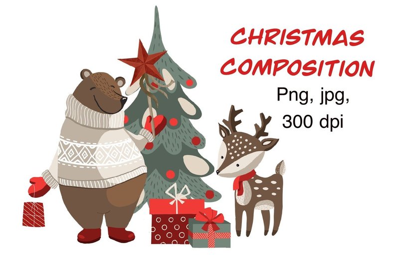 Christmas Composition with Bear and Deer (by Marine Universe)