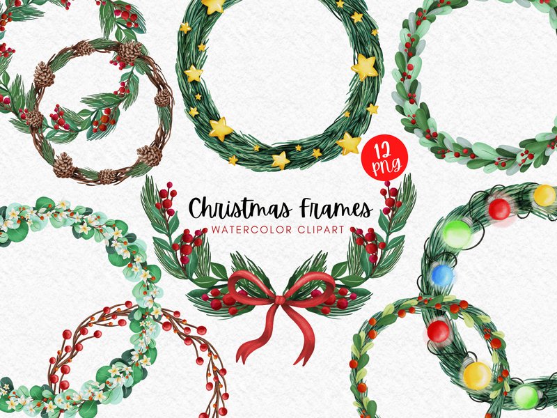 Christmas Frame Watercolor Clipart (by Akiravilla)