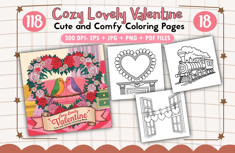 Cozy Lovely Valentine Coloring Pages (by PixelQuill)