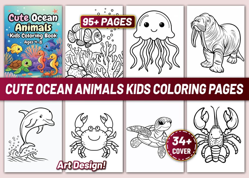 CUTE OCEAN ANIMALS KIDS COLORING PAGES (by ArT DeSiGn)