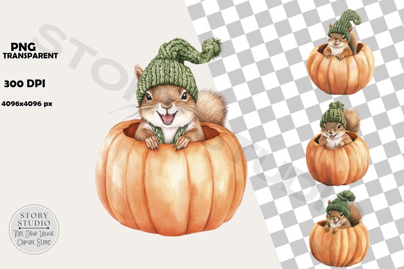 Cute Squirrel in Pumpkin Fall Clipart (by Story Studio)
