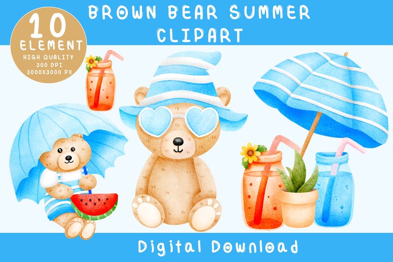 Cute Summer Bear PNG Bundle Clip Art (by Pepeach)