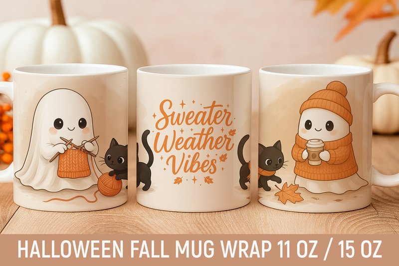 Fall Halloween Mug Wrap, Cute Ghost (by KMarinaDesign)